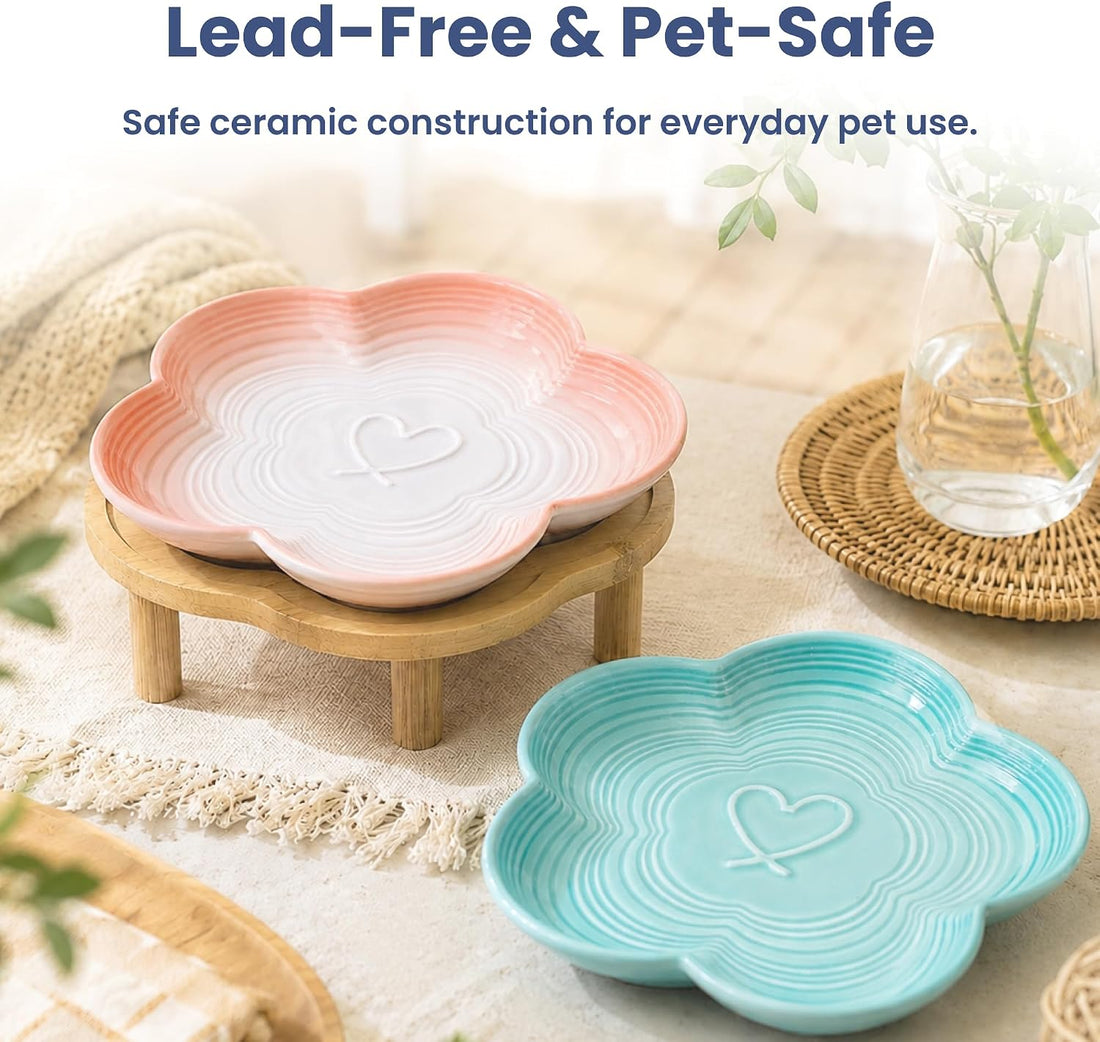PawsPik Flower Ceramic Feeding Cat Plate with Raised Stand