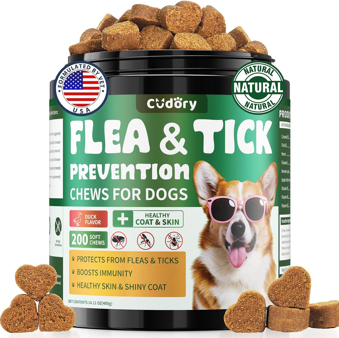 Cudory Flea and Tick Prevention for Dogs Chewables, 200 Soft Chews