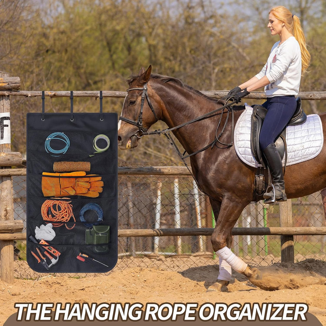 Horse Trailer Door Organizer Hanging Rope Caddy, Black, 42"x24"