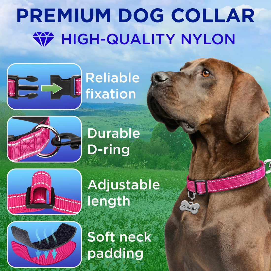 TECEUM Reflective Dog Collar – Hot Pink – M – Extra Soft Padding