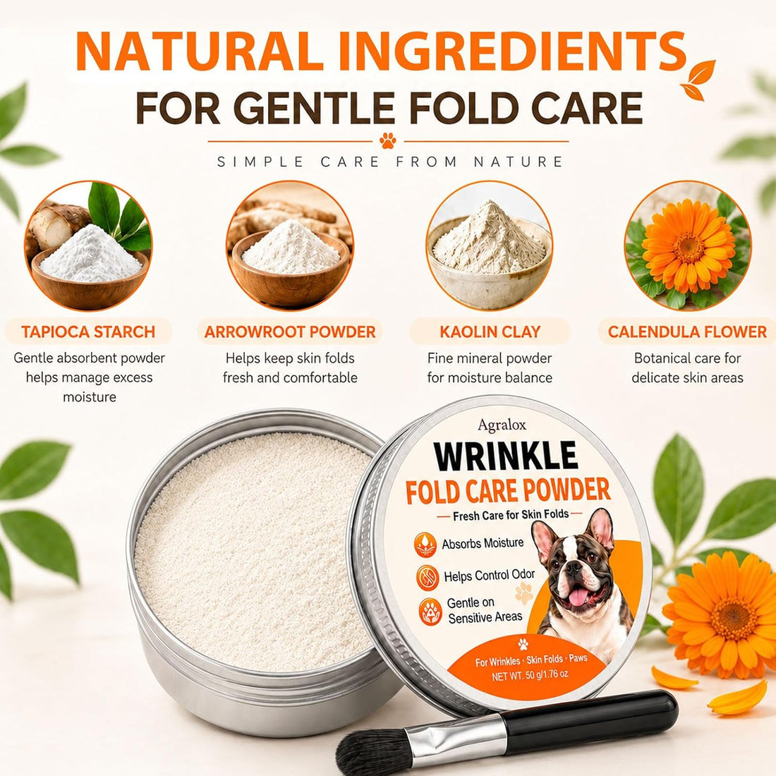 Bulldog Wrinkle Powder for Dogs with Brush, Moisture & Odor Care, 50 g