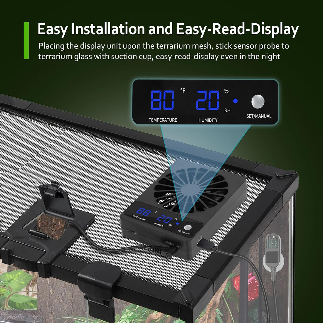 Reptile Tank Fan with Thermometer & Hygrometer | LED Display