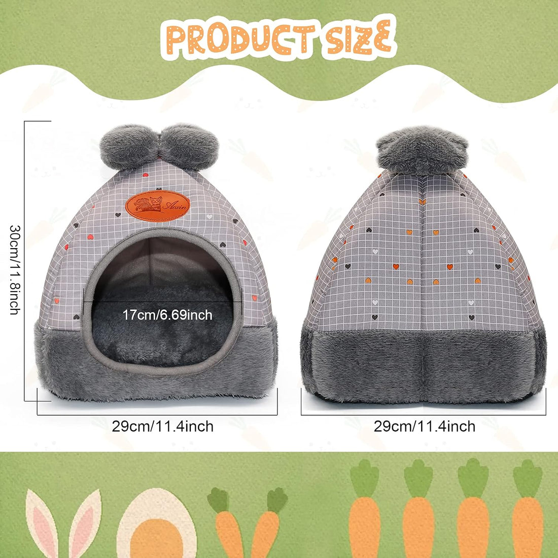 YUEPET Bunny Bed, Rabbit Hideout, Guinea Pig Cave, Grey Grid with Bow