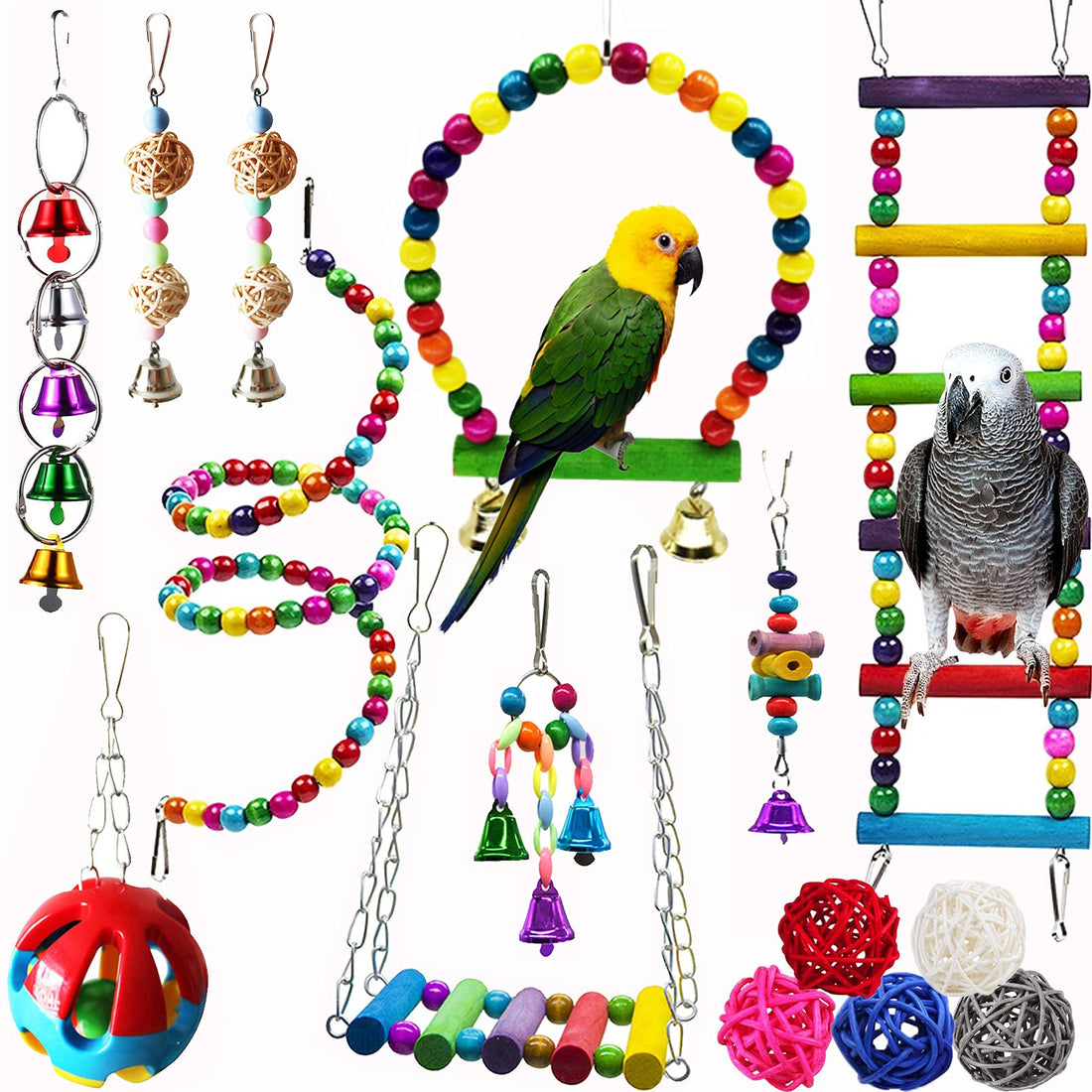 Hamiledyi Bird Parrot Swing Chewing Toy Set 15PCS Wooden Hanging Bell