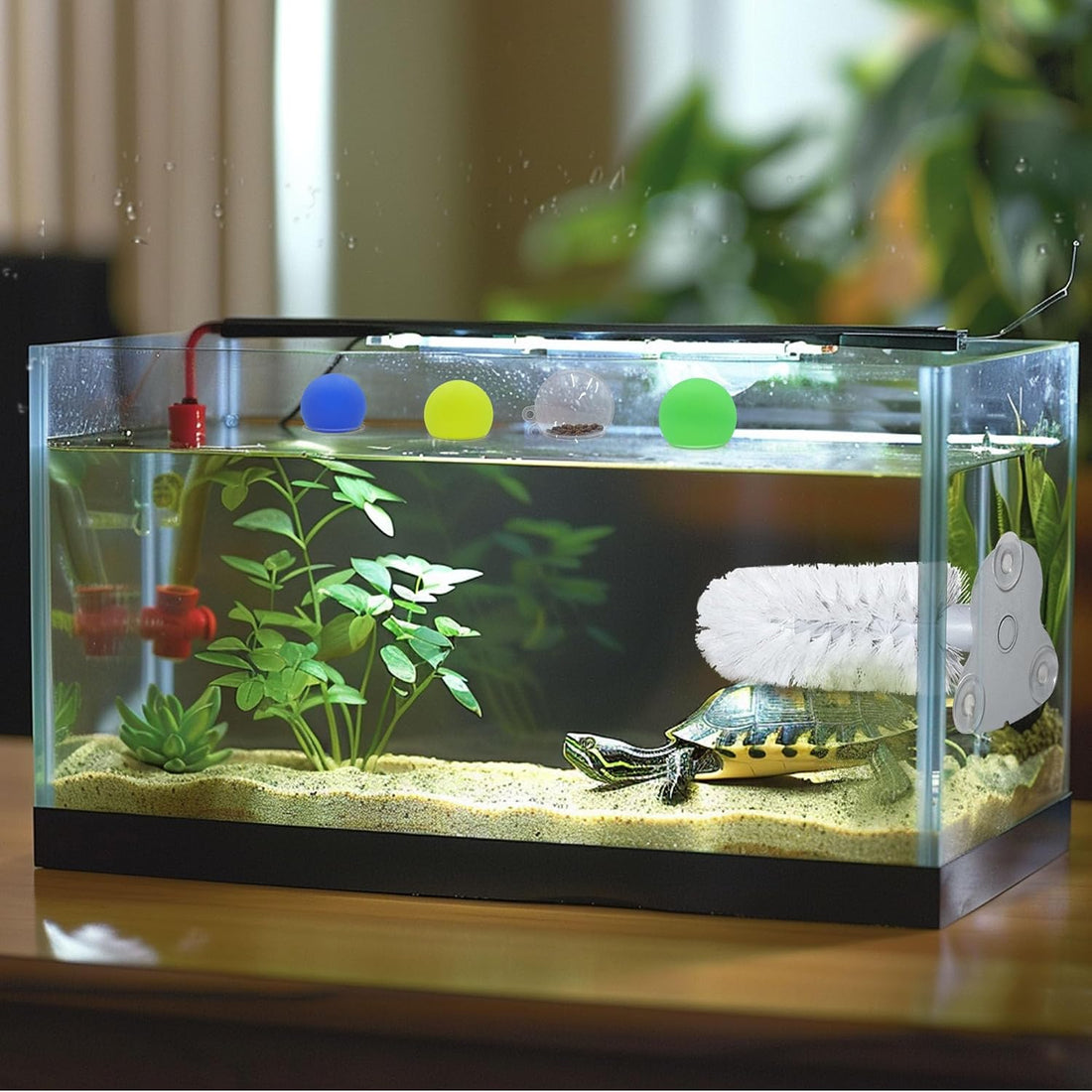 Turtle Toys for Aquatic Turtle Tank Accessories, Brush and 4 Balls