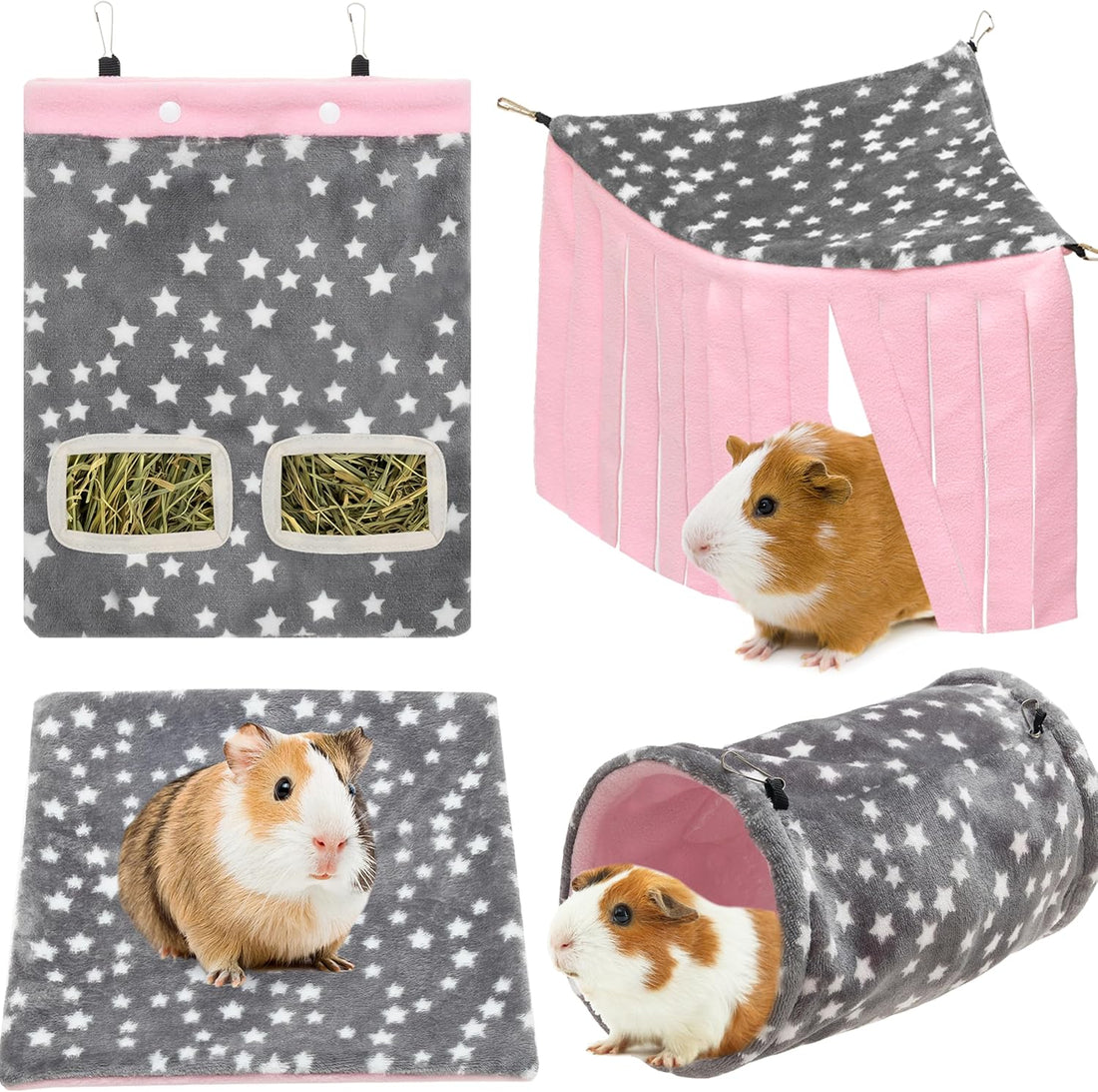 Guinea Pig Hideout, 4 Pack Tunnel & Mat & Corner Hide & Hay Bag