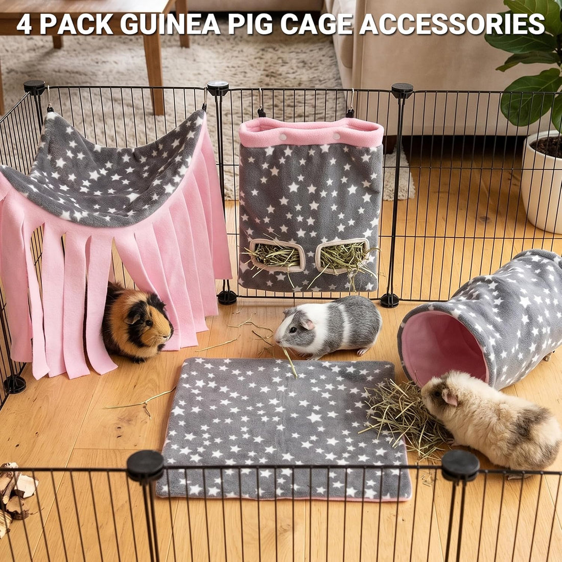 Guinea Pig Hideout, 4 Pack Tunnel & Mat & Corner Hide & Hay Bag