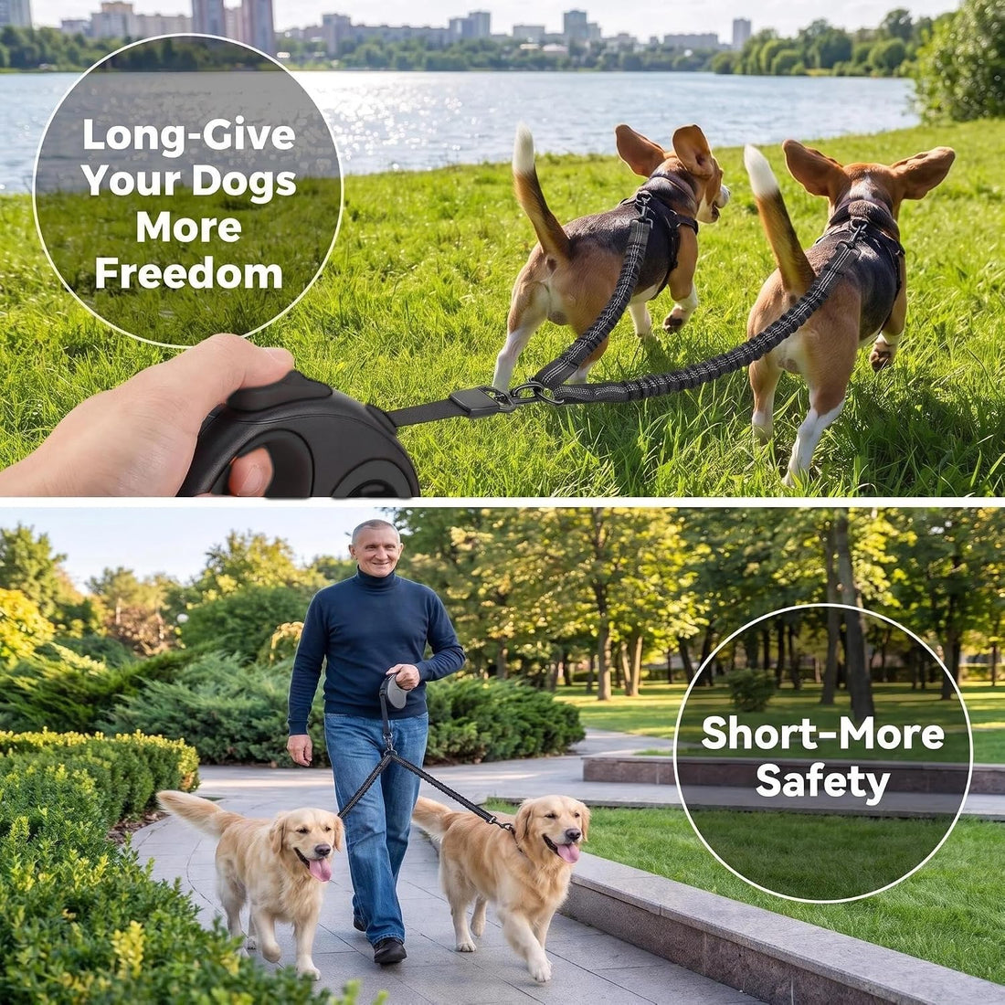 20 FT Dual Retractable Dog Leash(Up to 110 LBs Each)+Poop Bags&Holder