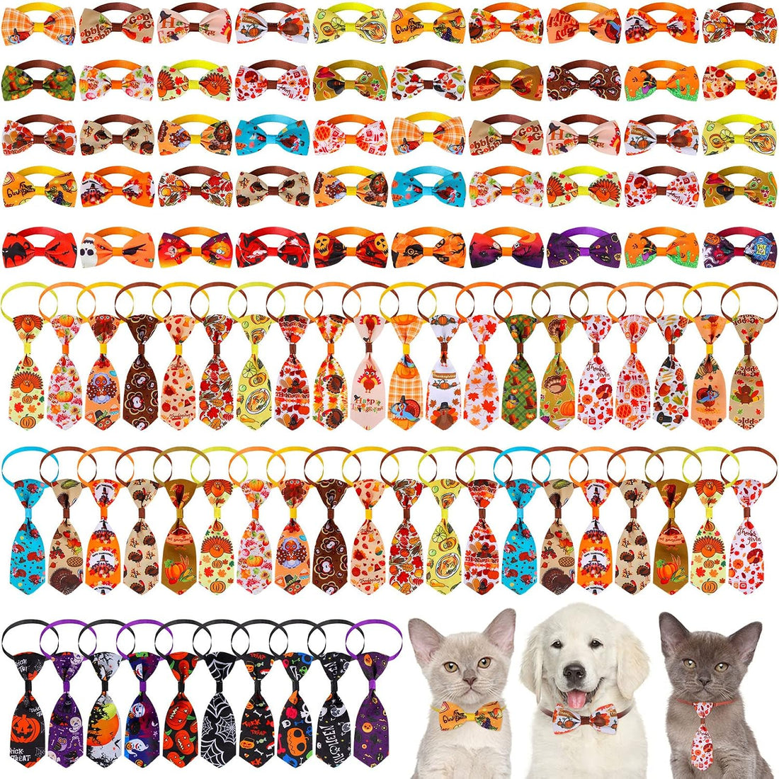 Reginary 100 Pack Fall and Halloween Dog Bow Tie Collar Set