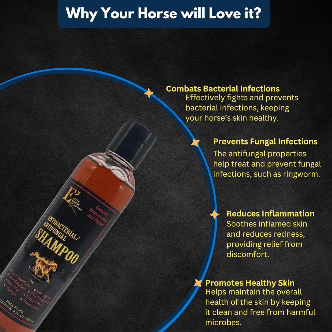 E3 Antifungal Ketoconazole and Thymol Skincare Shampoo for Horses