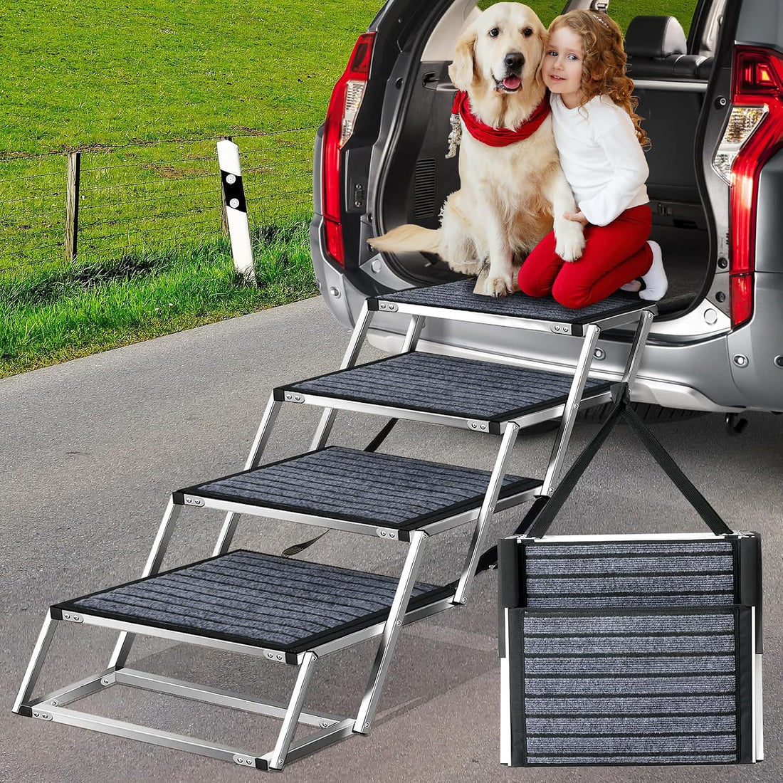 Joyrally Dog Steps for Car, Foldable 4-Step Stairs for SUVs and Trucks