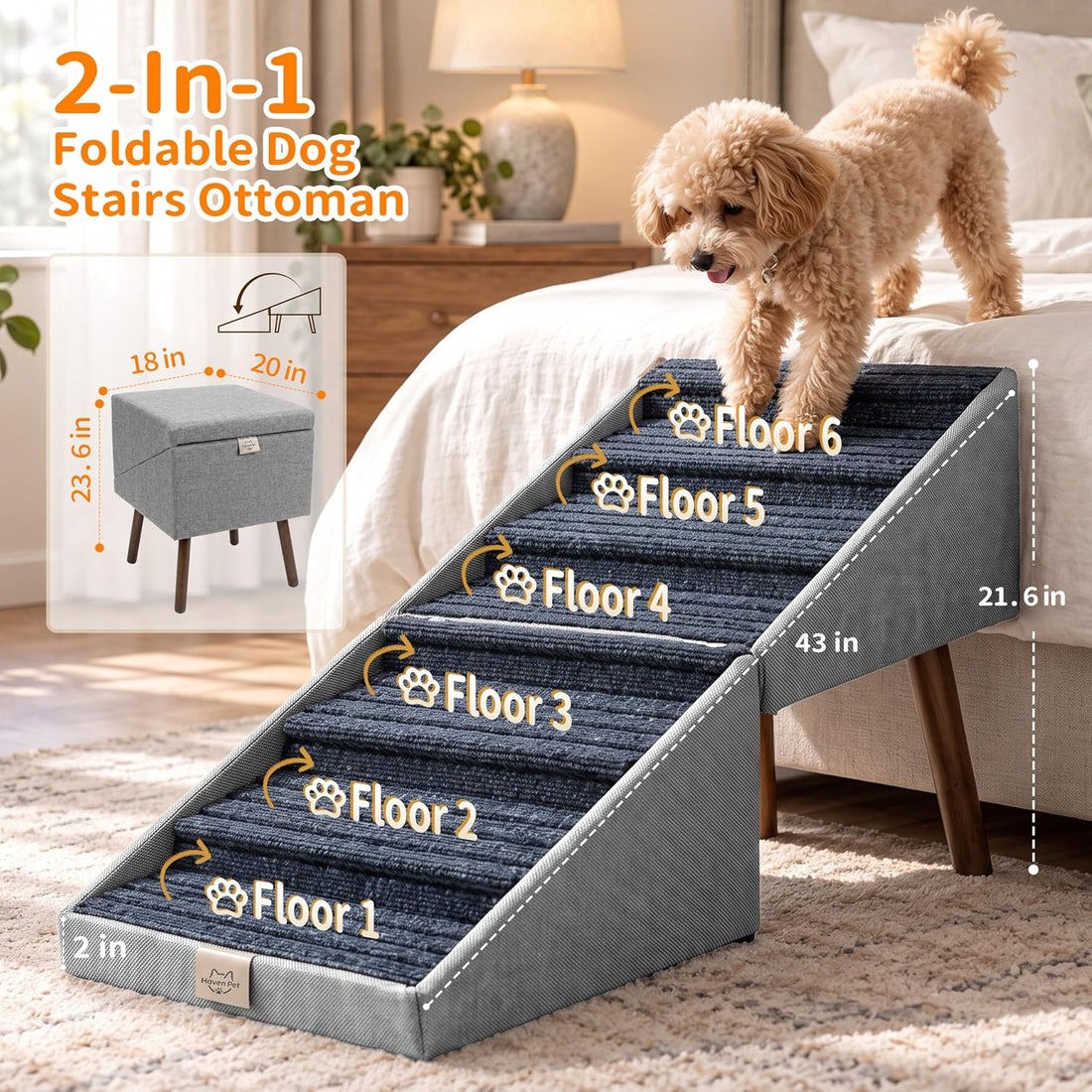 Wood Foldable Ottoman Dog Stairs, for High Beds & Large Dogs
