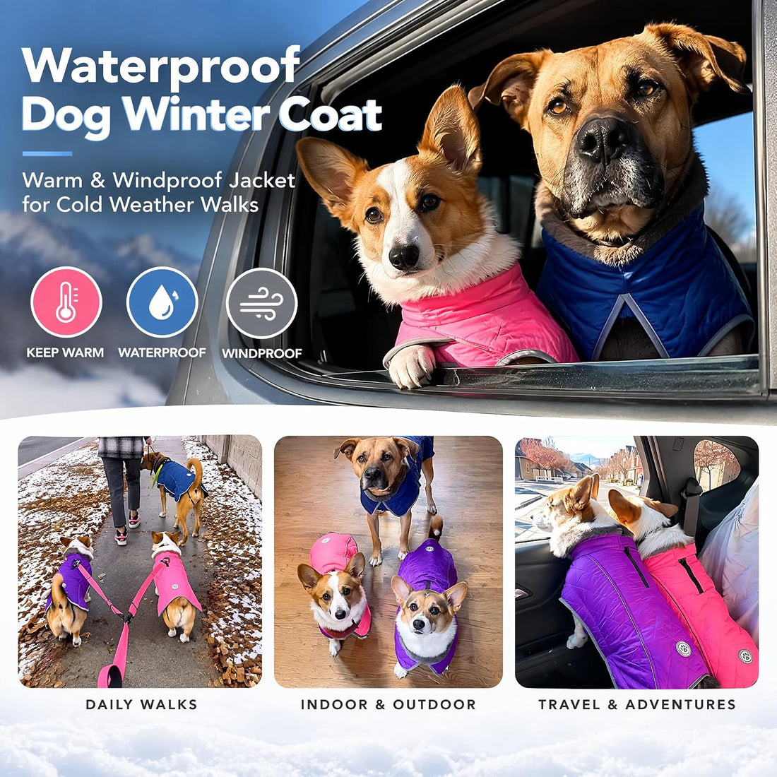 Dog Winter Coat with Waterproof Zipper Harness Hole, Fleece Dog Jacket