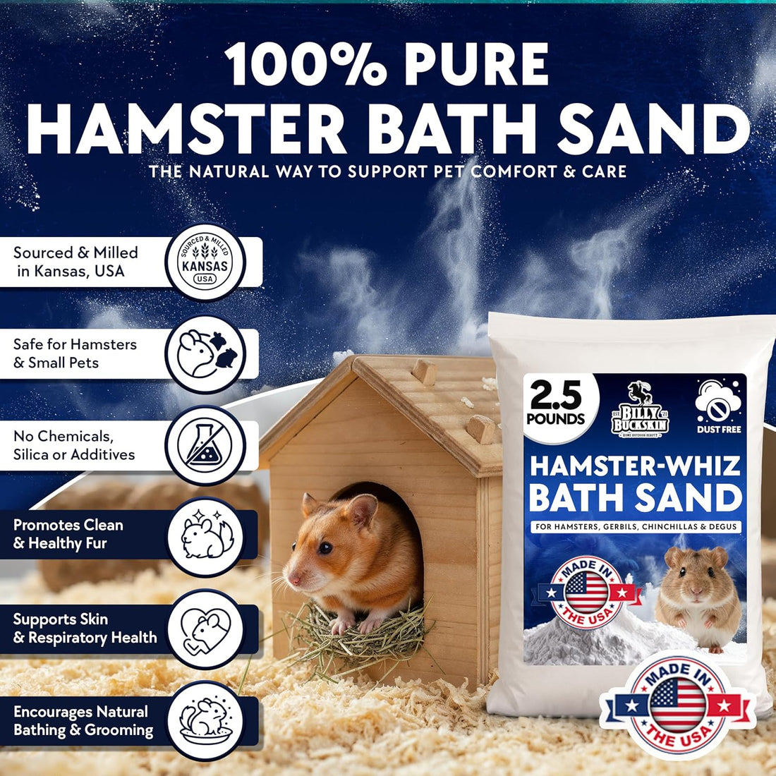 Billy Buckskin 2.5 LB Hamster Sand Bath, Dust Free, All Natural, USA