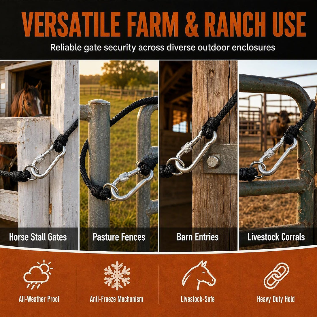 Heavy Duty Gate Latch Strap, 0.4in Nylon Rope for Fence, Barn