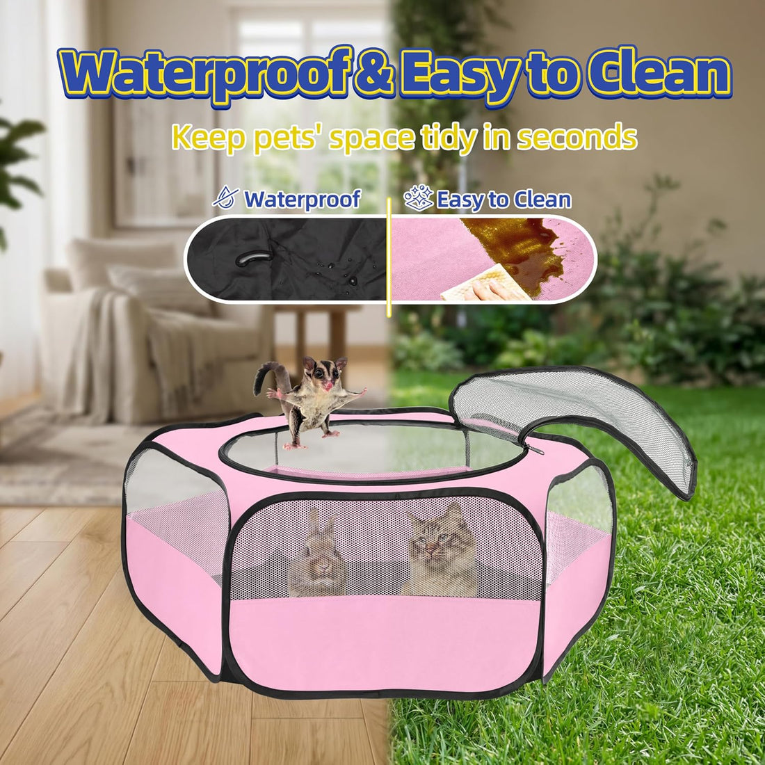 Small Animal Playpen with Mesh Cover & Waterproof Bottom Cat Tent
