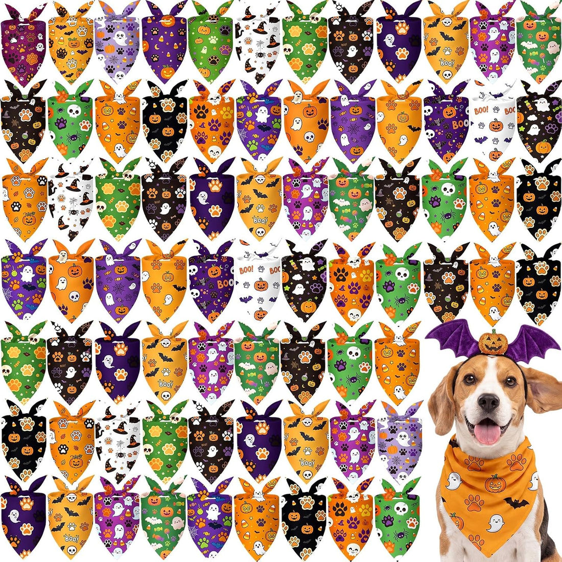 Abbylike 100 Pcs Halloween Dog Bandanas Bulk Cute Dog Paw Prints