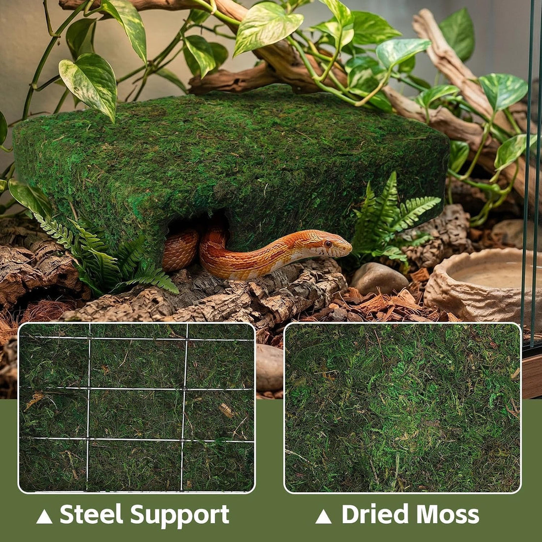 L Size Green Moss Cave Hide, Reptile Shelter for Gecko Snake