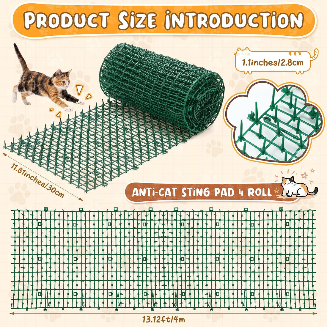 4 Pcs 52.6 ft Cat Spike Mat Outdoor Cat Deterrent Mat