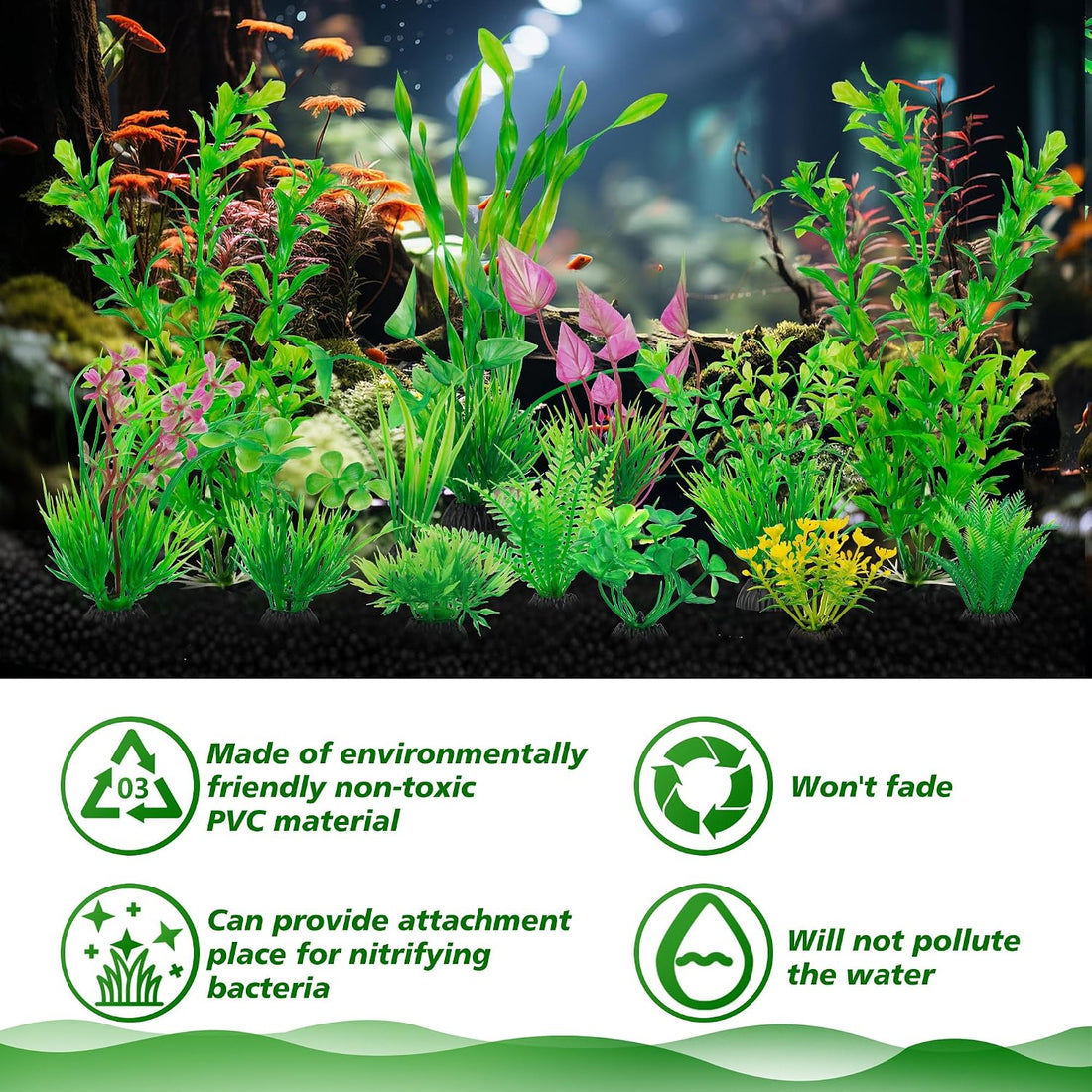 Ameliade 14 PCS Soft Plastic Aquarium Plants Green Fish Tank Decor Set