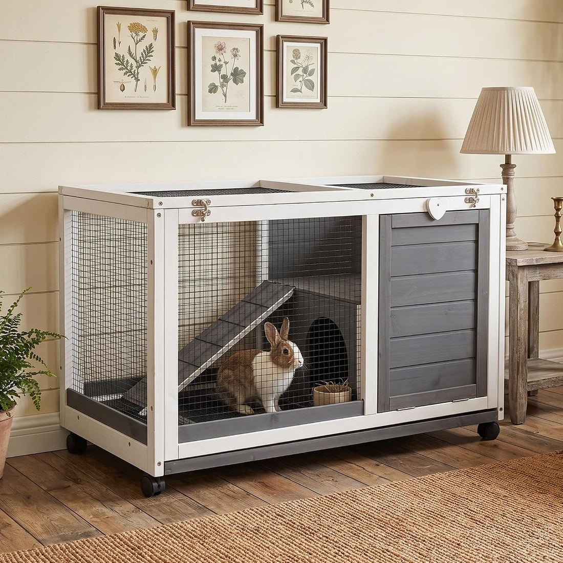 Wooden Rabbit Hutch Indoor Large Bunny Rabbit Cage Grey 34"