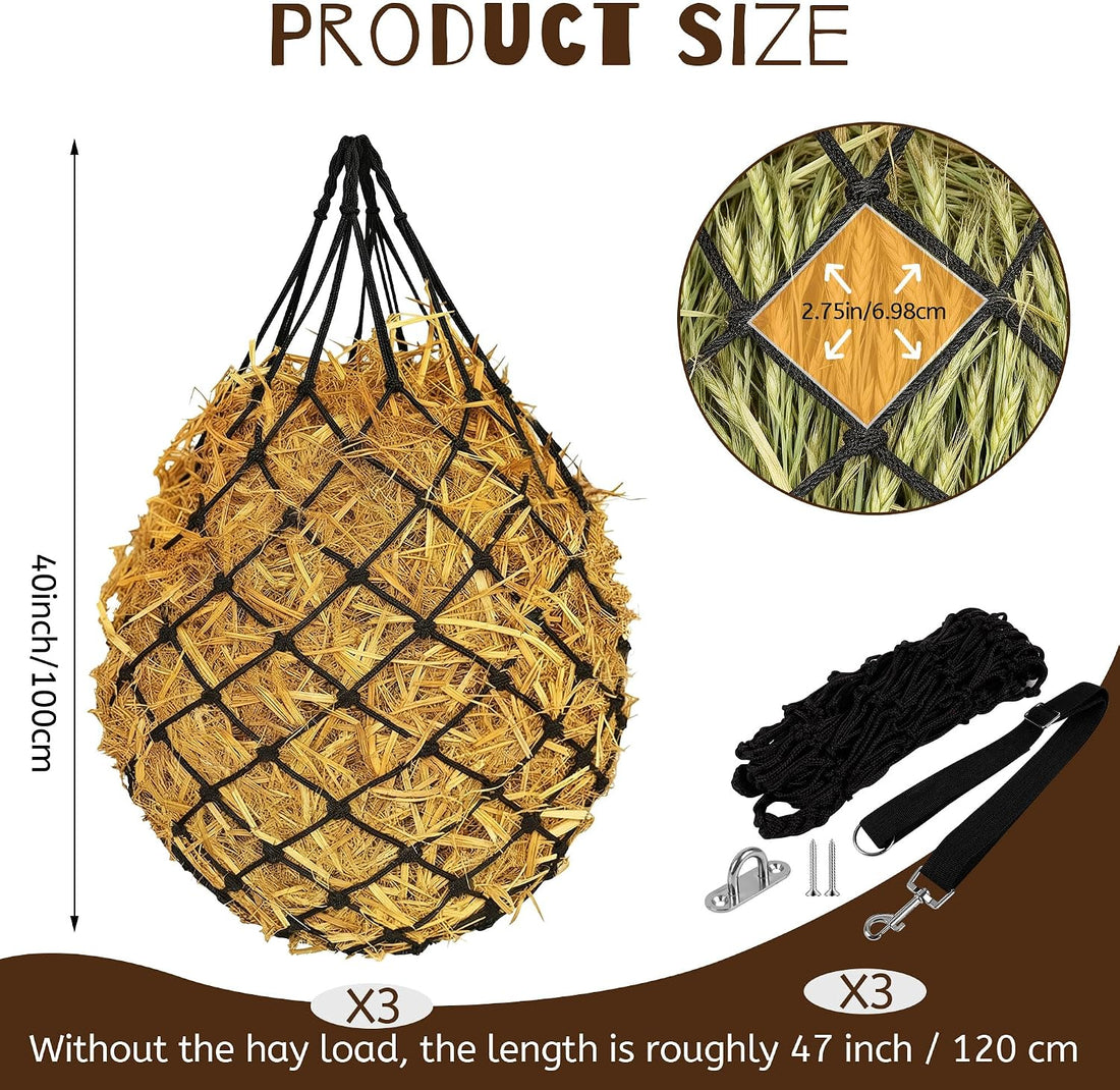 3 Pcs 47" Hay Nets for Horses with Straps & Hooks