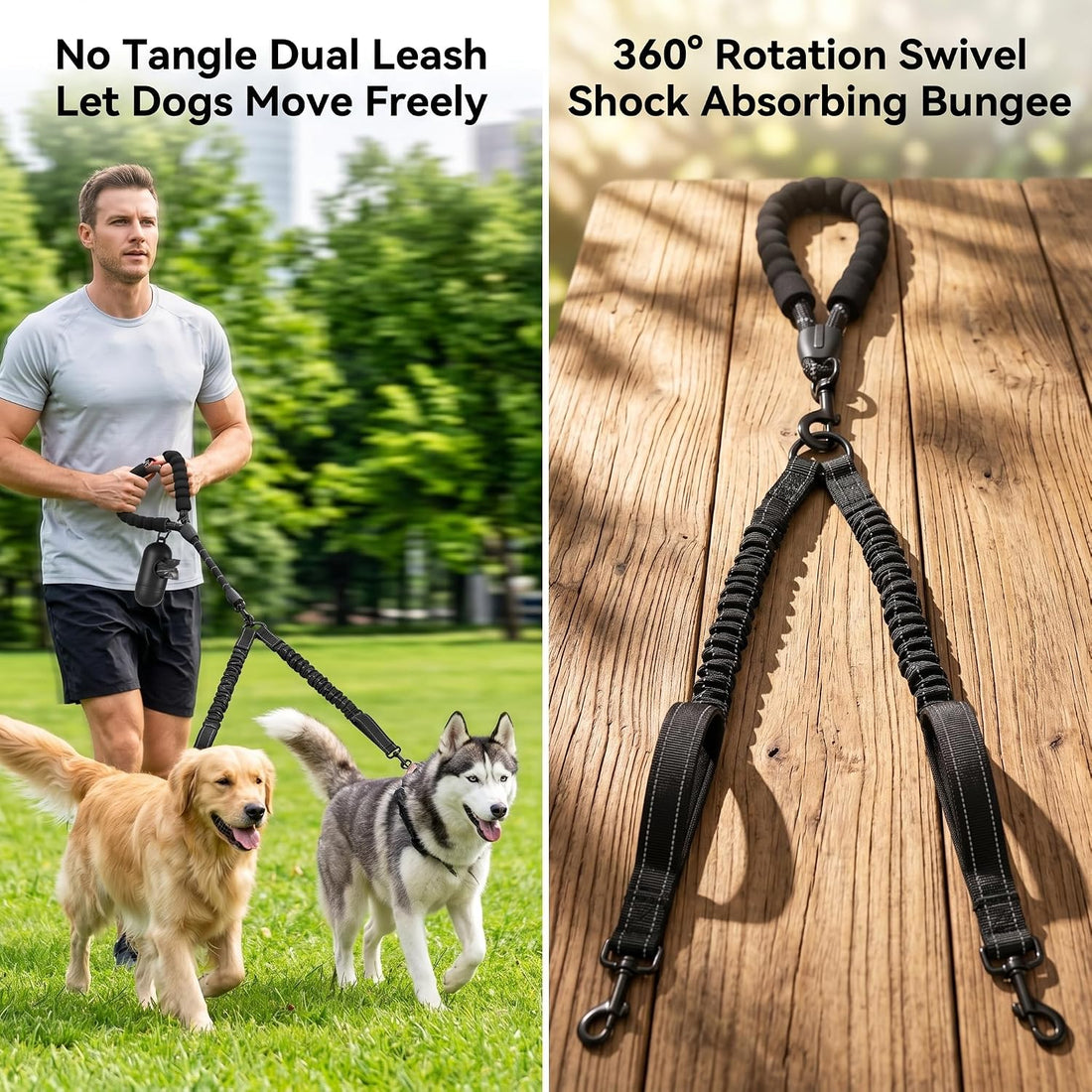 Double Dog Leash, Reflective Shock Absorbing Bungee for 2 Dogs