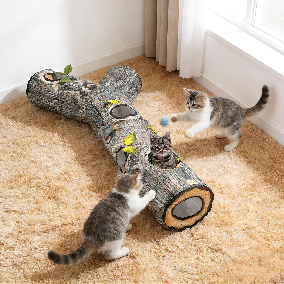 Cat Tunnel,Cat Tunnels for Indoor Cats,Tree Trunk Play Toy for Large