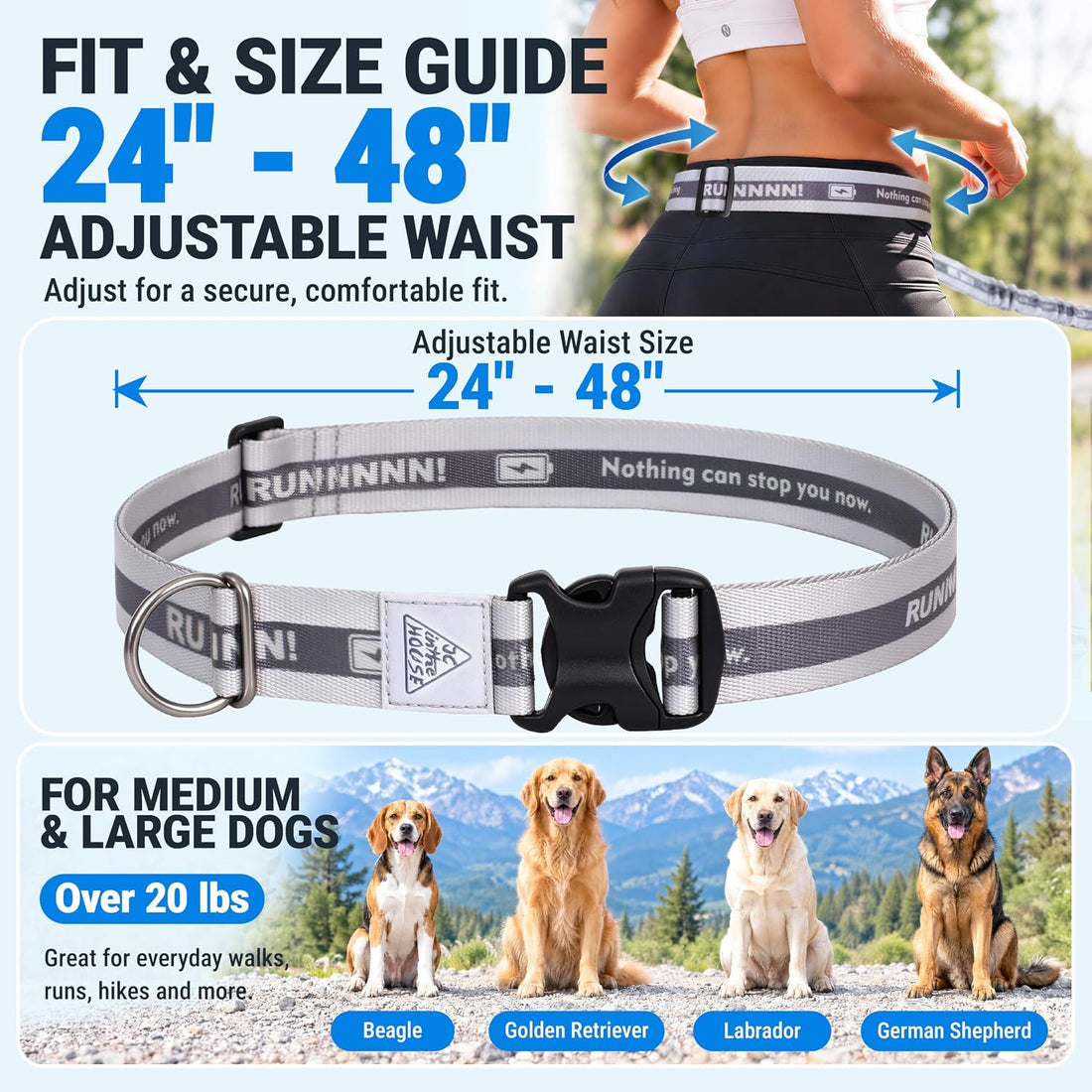 Hands Free Dog Leash,Waist Belt, Shock Absorbing Bungee, Dual Handles