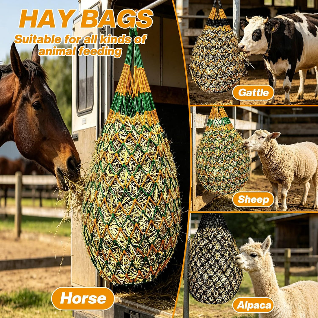 Hay Nets for Horses, 3-Pack Large-Capacity Hay Net for Horses Goats