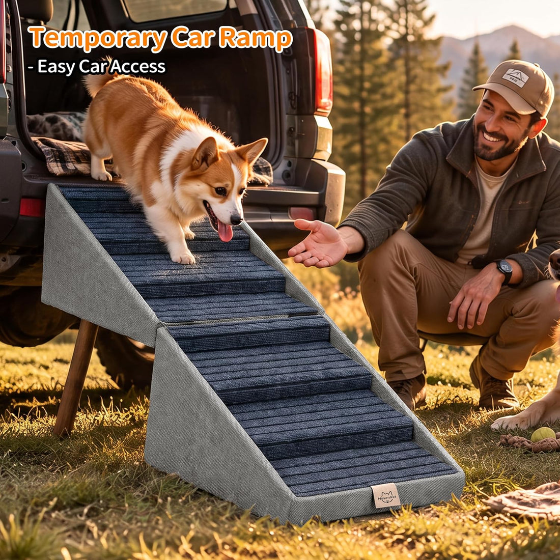 Wood Foldable Ottoman Dog Stairs, for High Beds & Large Dogs