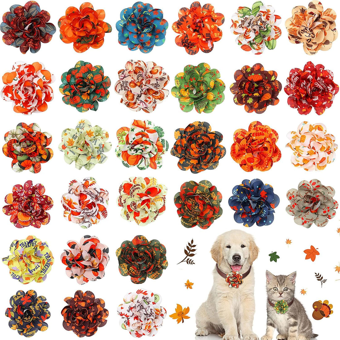 Sanwuta 30 Pcs Fall Pet Collar Flowers Bow Slide Attachments, Pumpkin