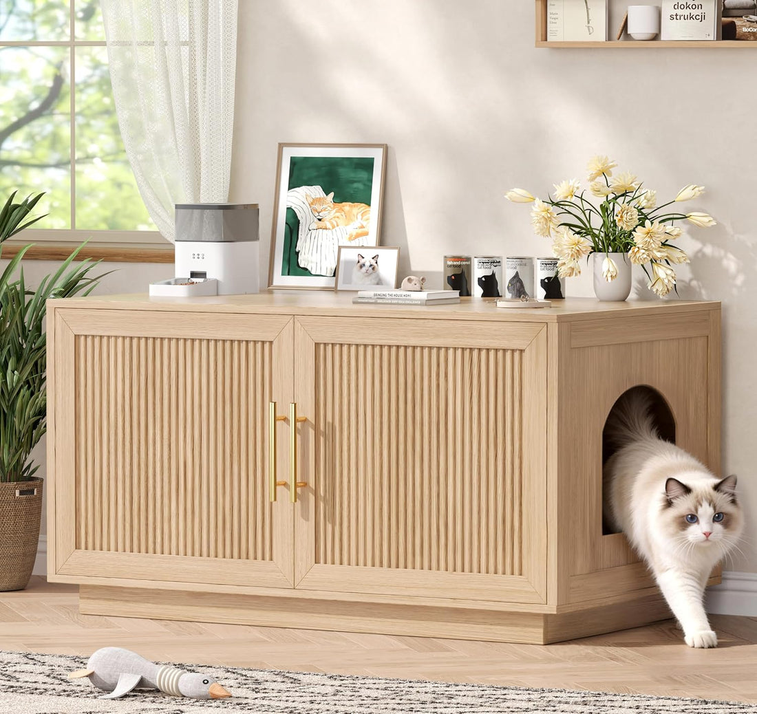 Fluted Cat Litter Box Enclosure Furniture, Cat House for 2 Cats