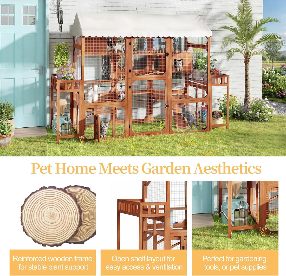 Large Outdoor Cat Enclosure Wooden Catio, Multi-Level Cat Playpen