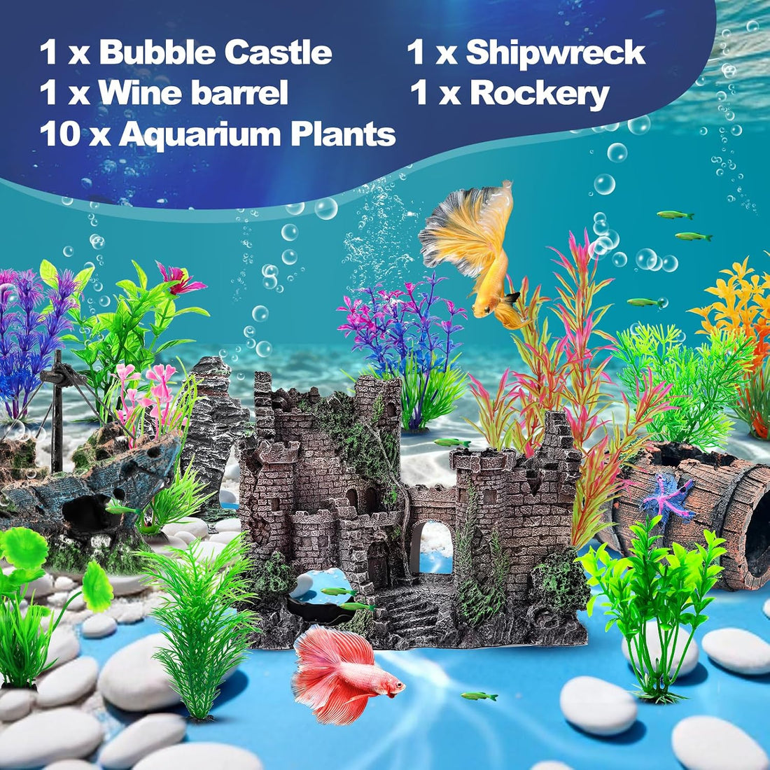 CousDUoBe 14 Pcs Aquarium Decorations Large Kit，Castle Fish Tank
