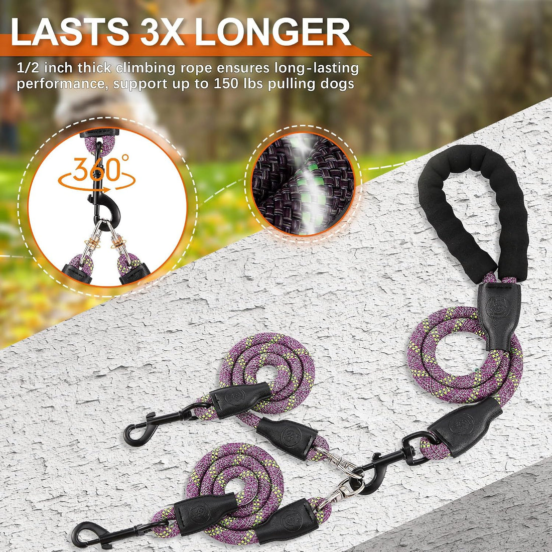Double Dog Leash, No Tangle, Detachable360° Swivel, Reflective Strip