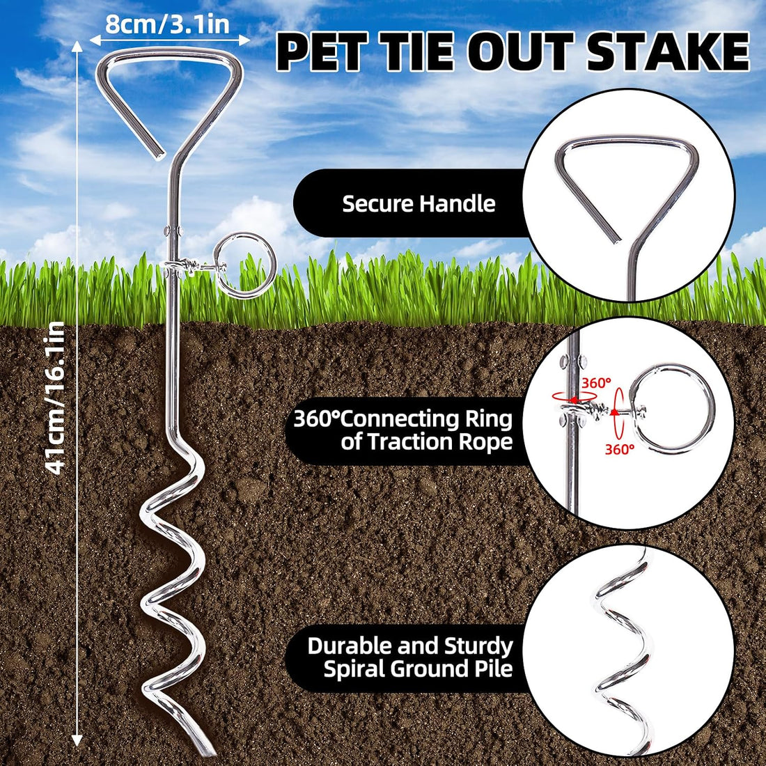 PUPTECK Reflective Long Cat Leash Pet Tie Out Spiral Stake
