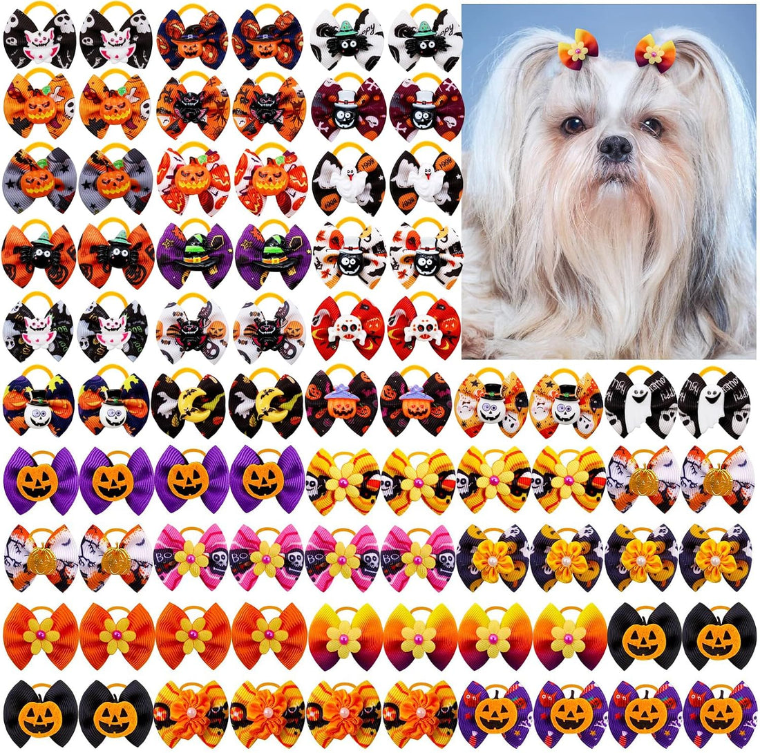 Mruq 80pcs Halloween Small Dog Hiar Bows with Rubber Bands