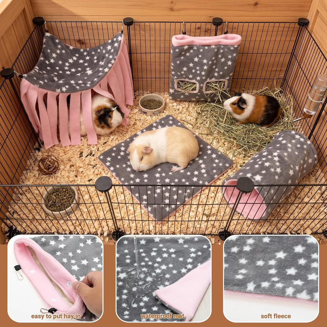 Guinea Pig Hideout, 4 Pack Tunnel & Mat & Corner Hide & Hay Bag