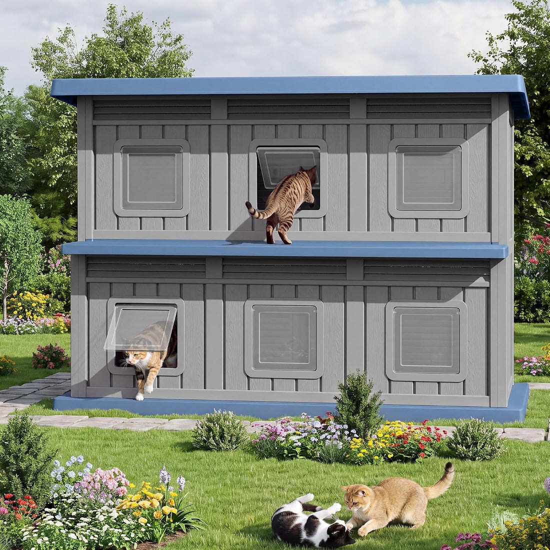 Fancyango Cat House Bed Cave, Cat Houses for Outdoor Cats, Grey-Black