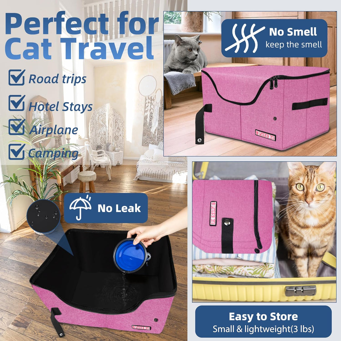 Petskd High Sides Portable Travel Litter Box for Cats with Lid