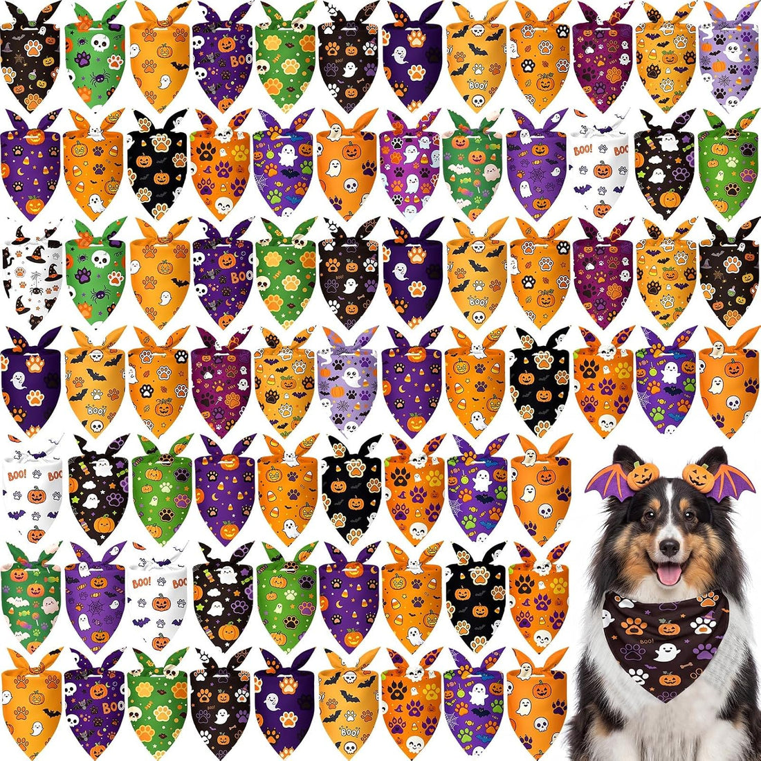 Abbylike 100 Pcs Halloween Dog Bandanas Bulk, Pumpkin Ghost Bat Skull