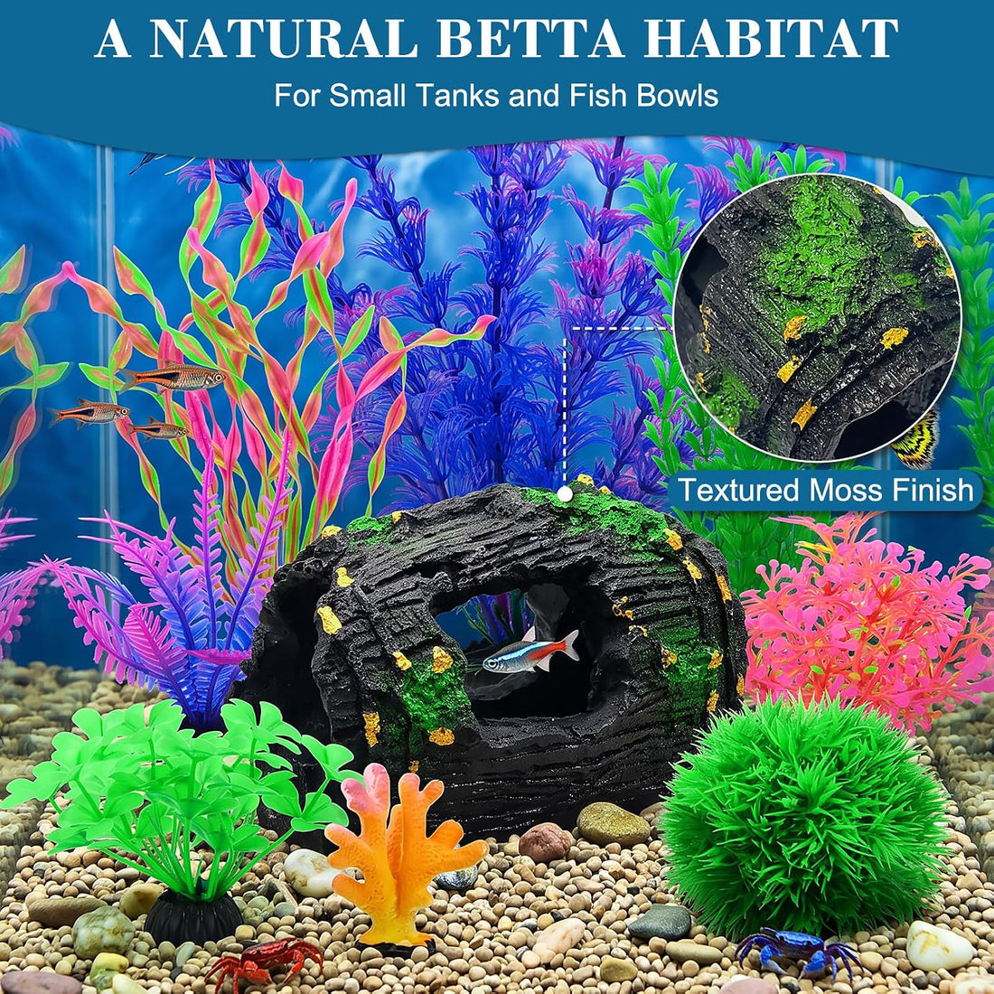 Betta Fish Tank Accessories, 9Pcs Soft Plant Decor with Barrel Cave