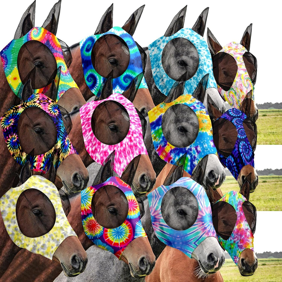 Qualirey 12 Pieces Horse Fly Mask Bulk, Medium, Flower Patterns