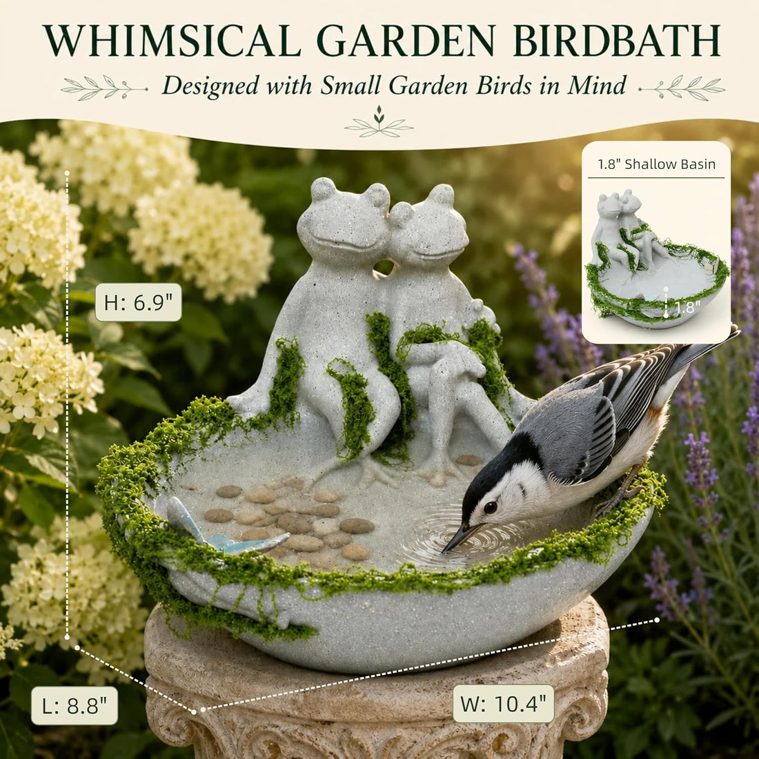 Frog Couple Bird Bath for Outdoors, Small Resin Ground Birdbath Bowl