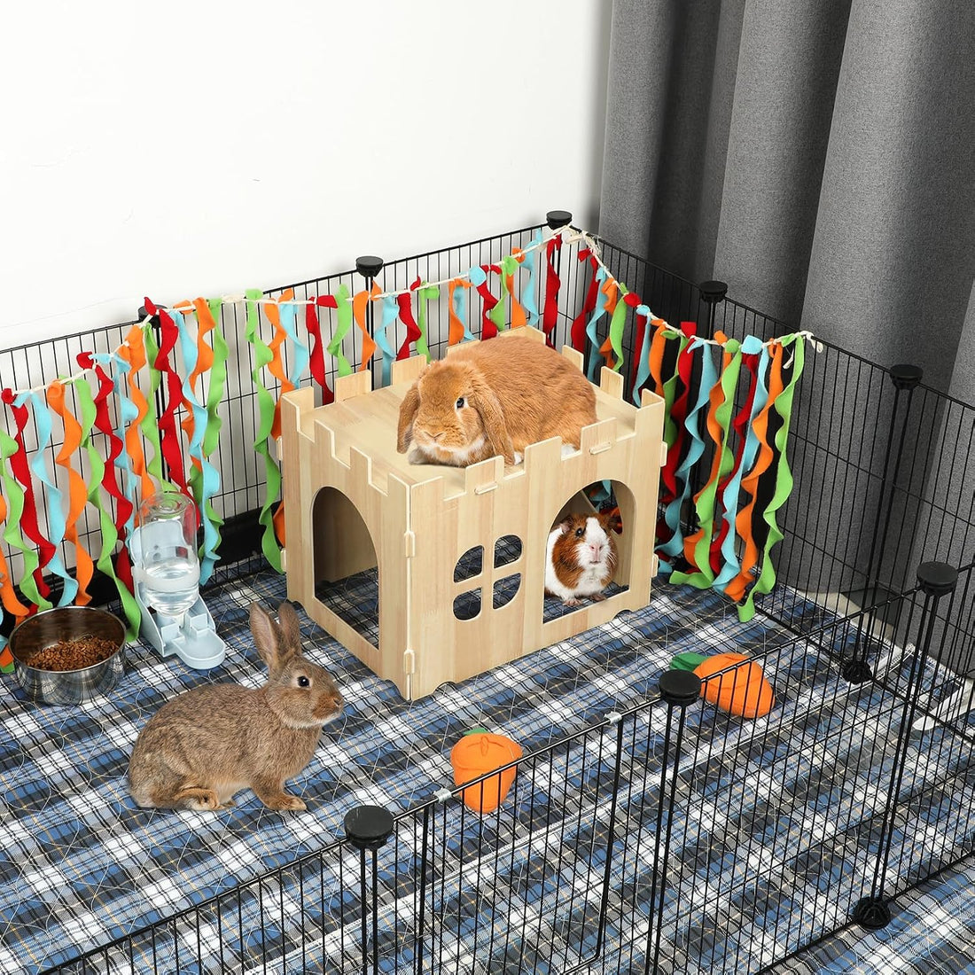 BWOGUE Large Wooden Bunny Hideout,Detachable Rabbit Castle for Small