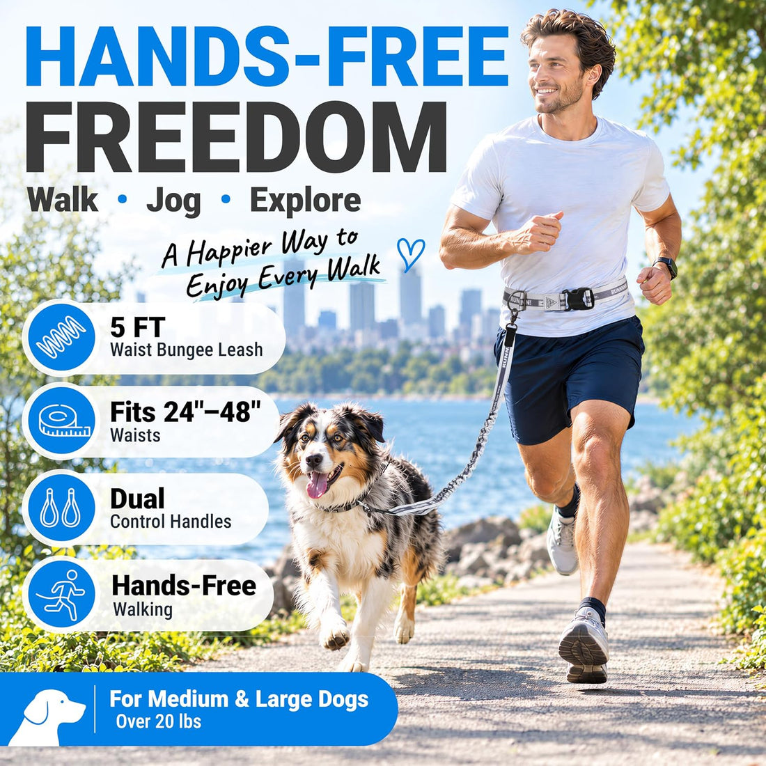 Hands Free Dog Leash,Waist Belt, Shock Absorbing Bungee, Dual Handles