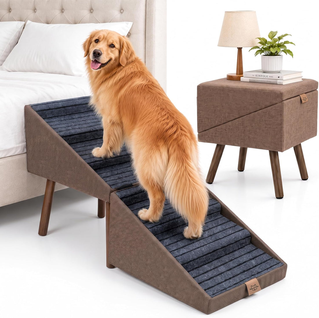 Wood Foldable Ottoman Dog Stairs, for High Beds & Large Dogs