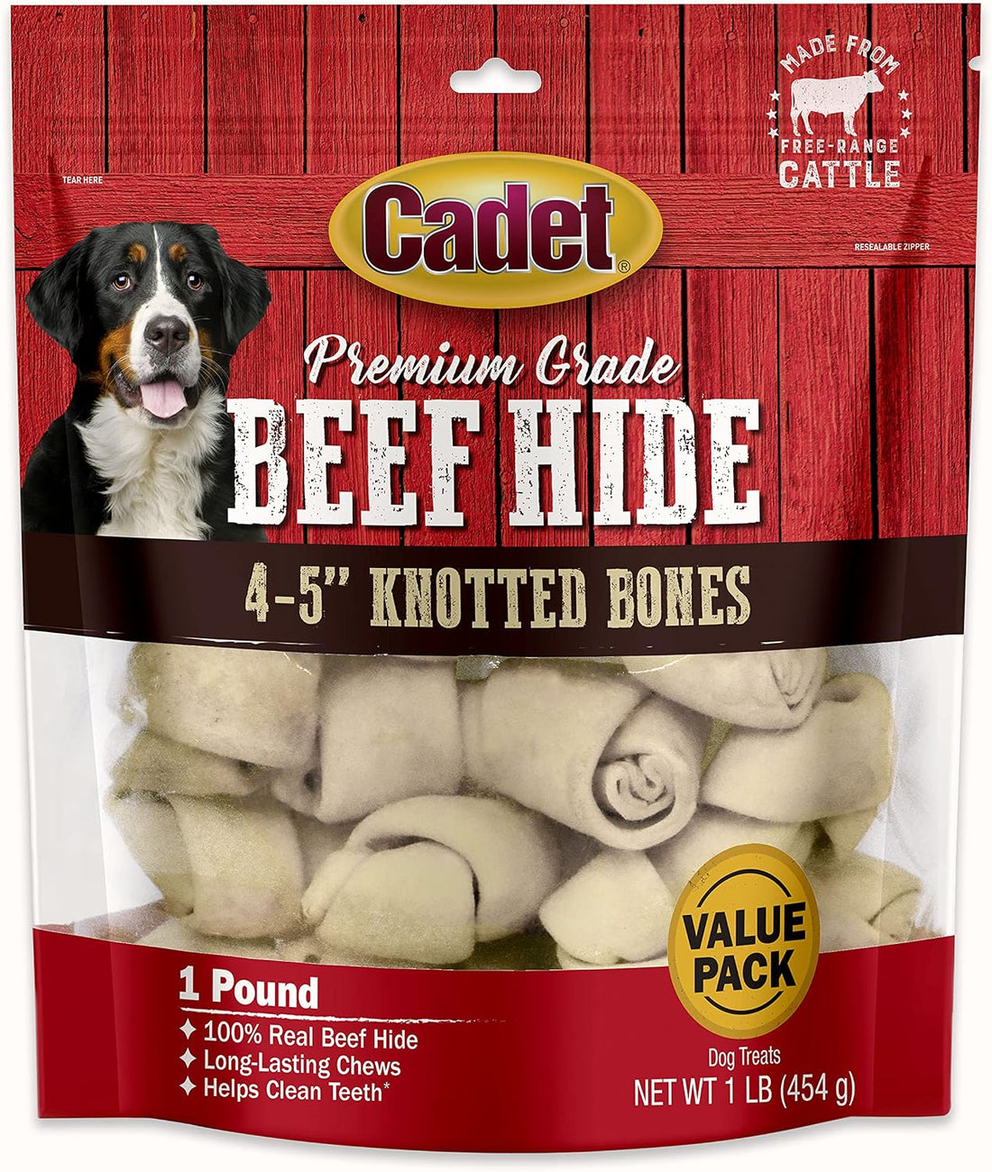 Cadet Premium Grade Beef Hide Knotted Bones Dog Chews, 1 lb, 4-5"
