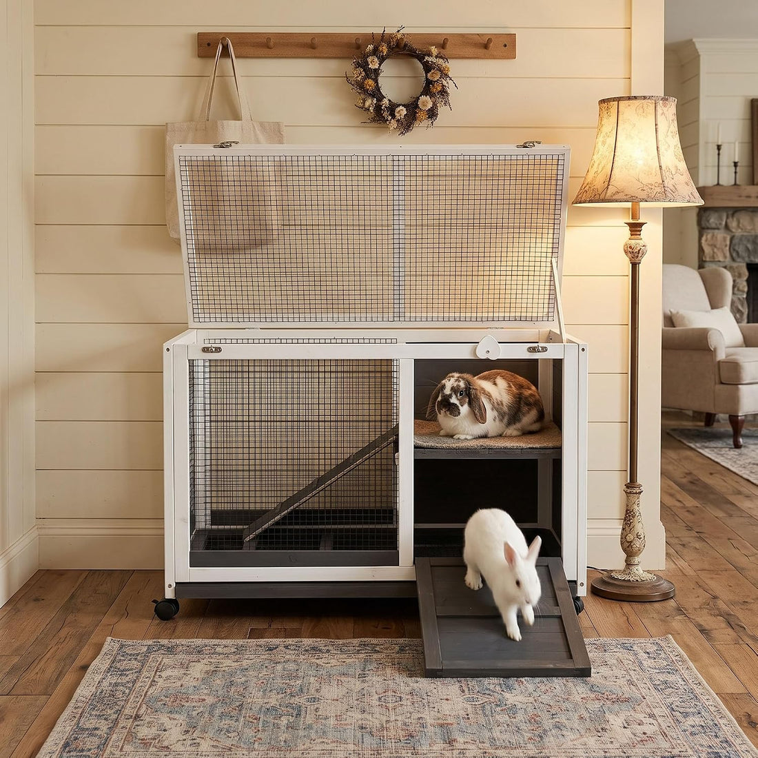 Wooden Rabbit Hutch Indoor Large Bunny Rabbit Cage Grey 34"